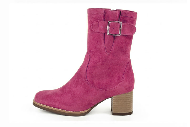 Classic leather ankle boots featuring adjustable side buckles and sleek hardware for secure support and timeless everyday style, in fuchsia leather with round toe and mid block heel - Florence KOOIJMAN